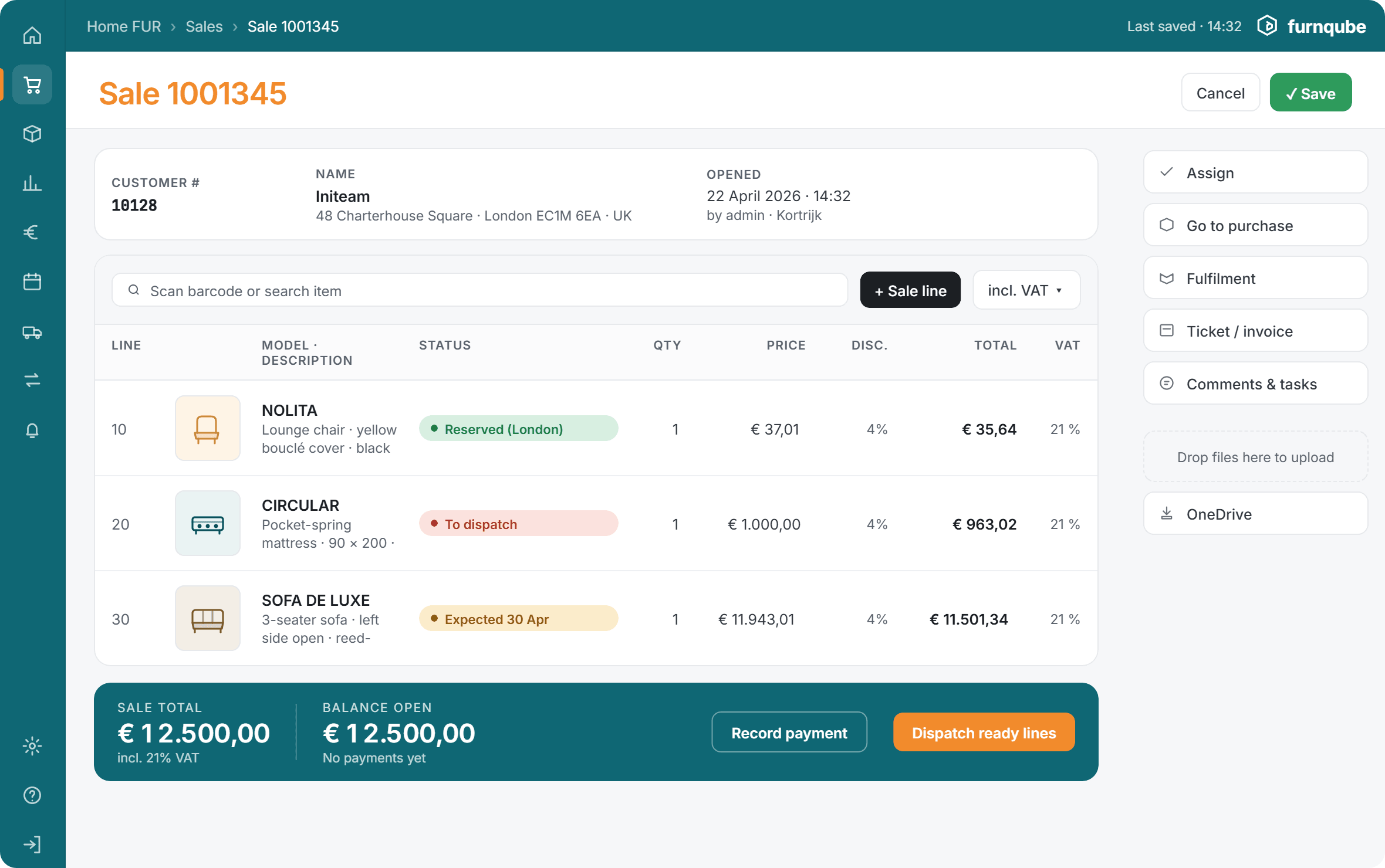 Sales file with article specifications in FurnQube